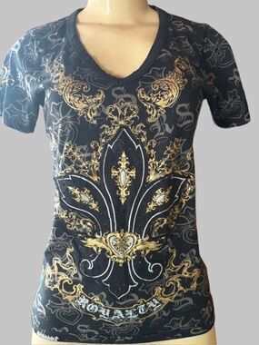 Vintage Y2K Rebel Spirit Black & Gold Fleur-de-Lis V-Neck Tee